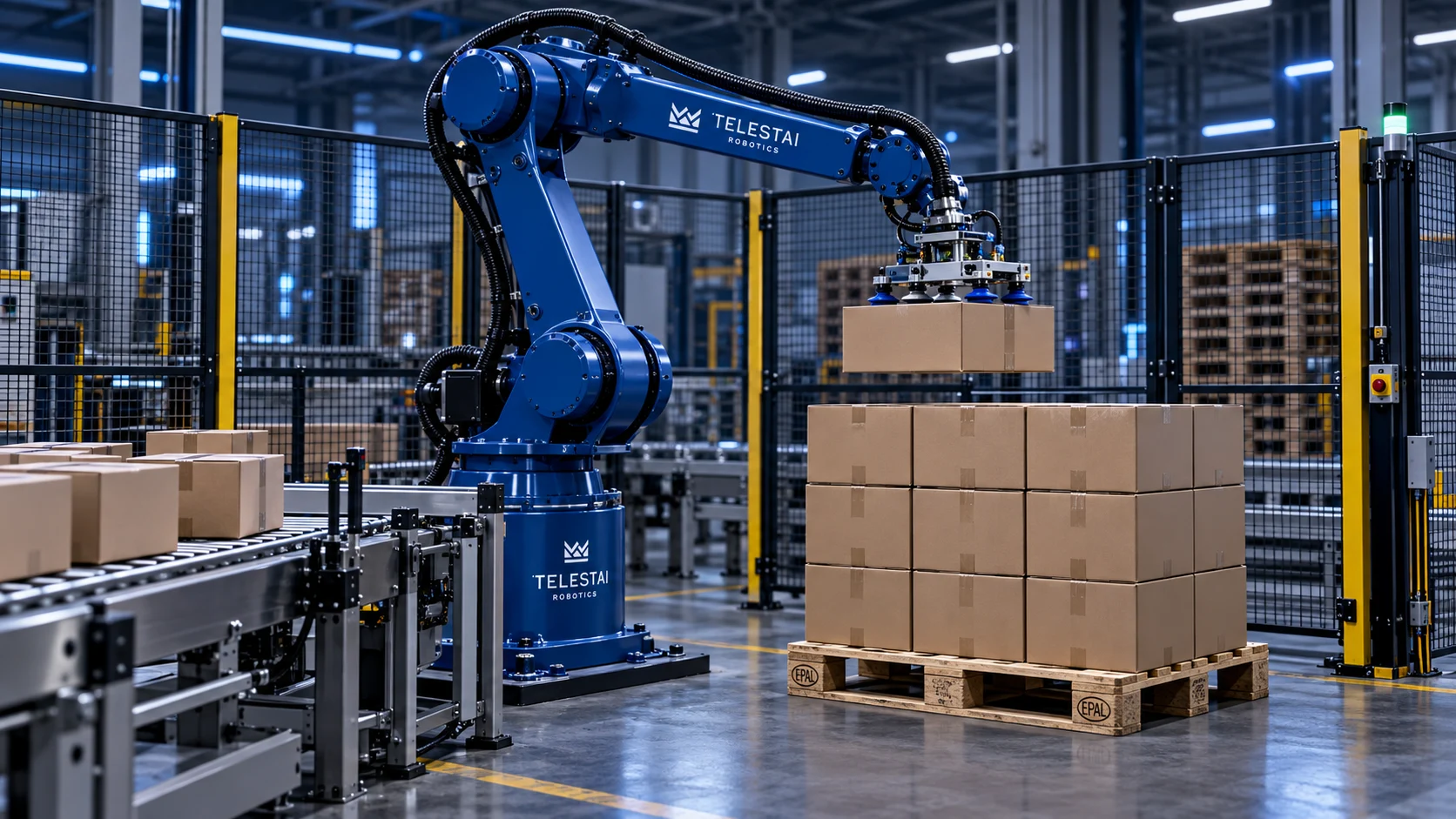 Robô industrial azul paletizando caixas — ilustração conceitual